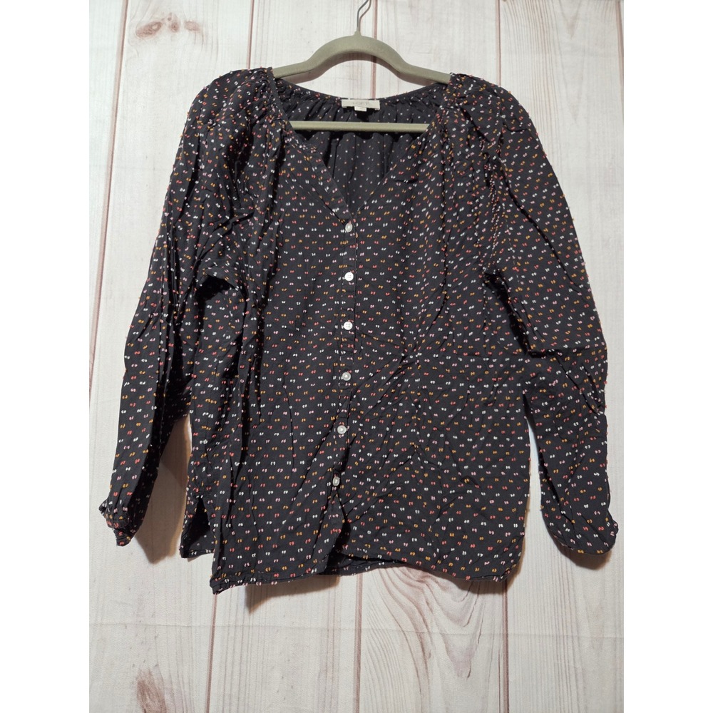 Loft Outlet Womens Large Black Textured‎ Clip Dot Button Down V-Neck Blouse Top
